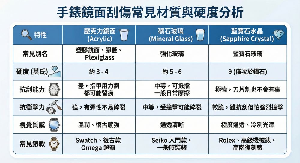 手錶鏡面刮傷常見材質與硬度分析