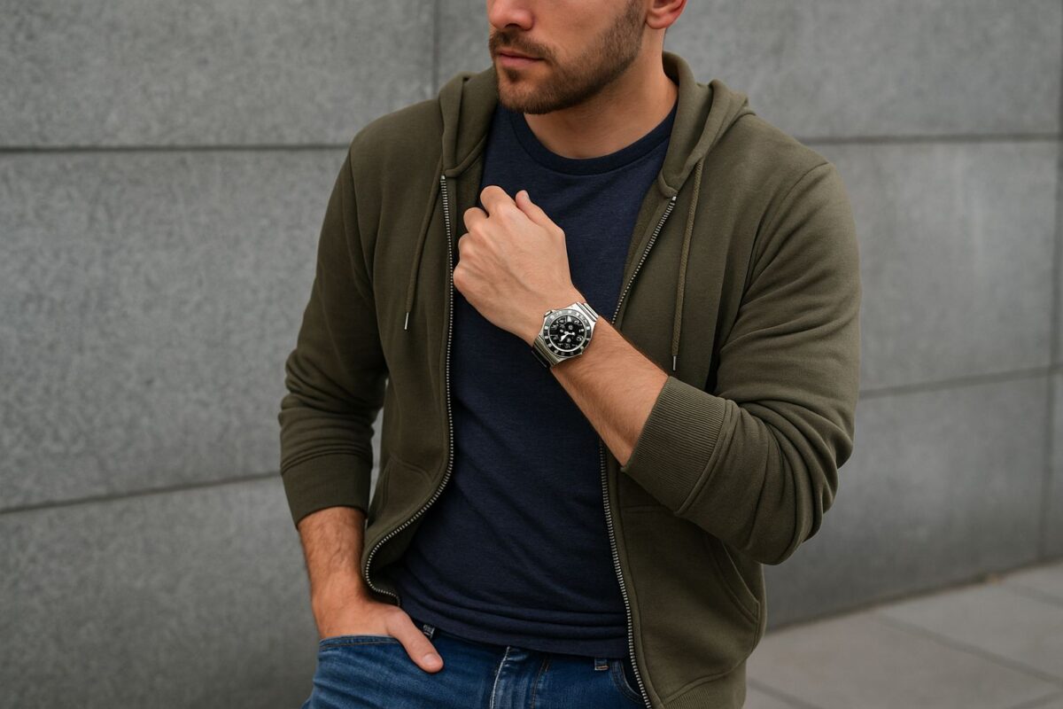 男錶穿搭休閒穿搭：運動錶、潮流錶搭配牛仔褲、T-shirt