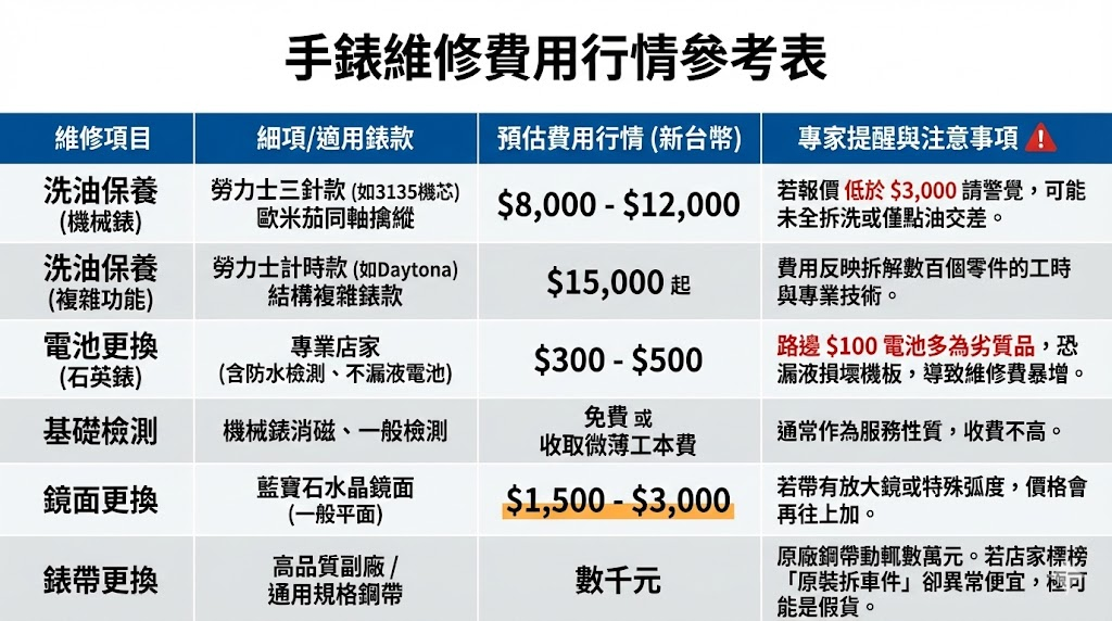 2026 最新手錶維修費用行情表公開