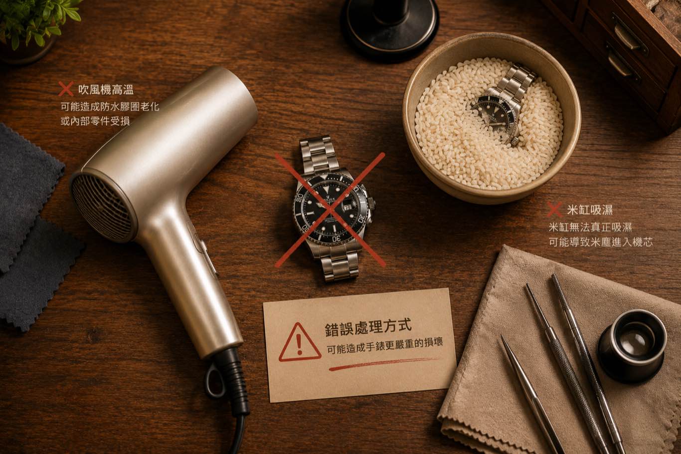 吹風機、米缸等手錶進水錯誤處理方式示意圖,暖色調木質維修桌